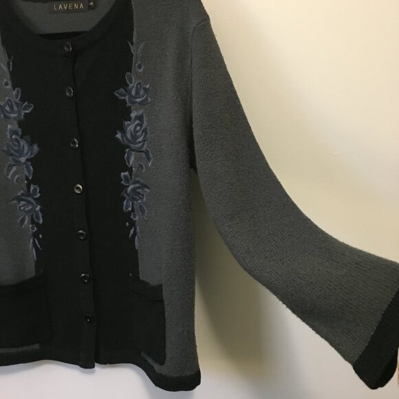 Lavena Black and Grey Embroidered Nubby Button Down Dark Cottage Cardigan - Picture 8 of 15